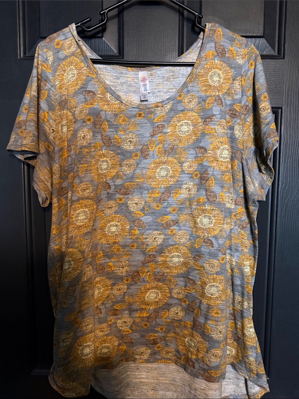 LuLaRoe Gray Tee with Mustard Sunflower Print